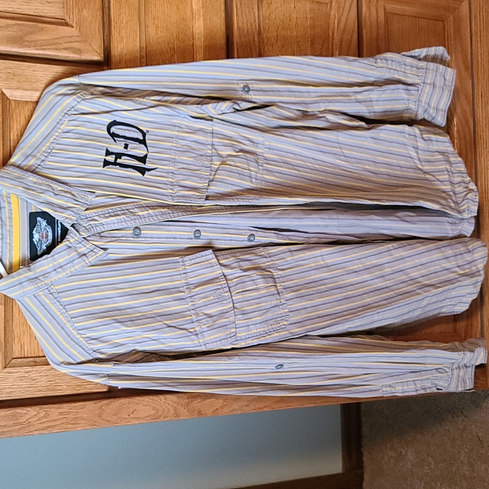 Men's XL Harley-Davidson long sleeve button down shirt grey yellow & black